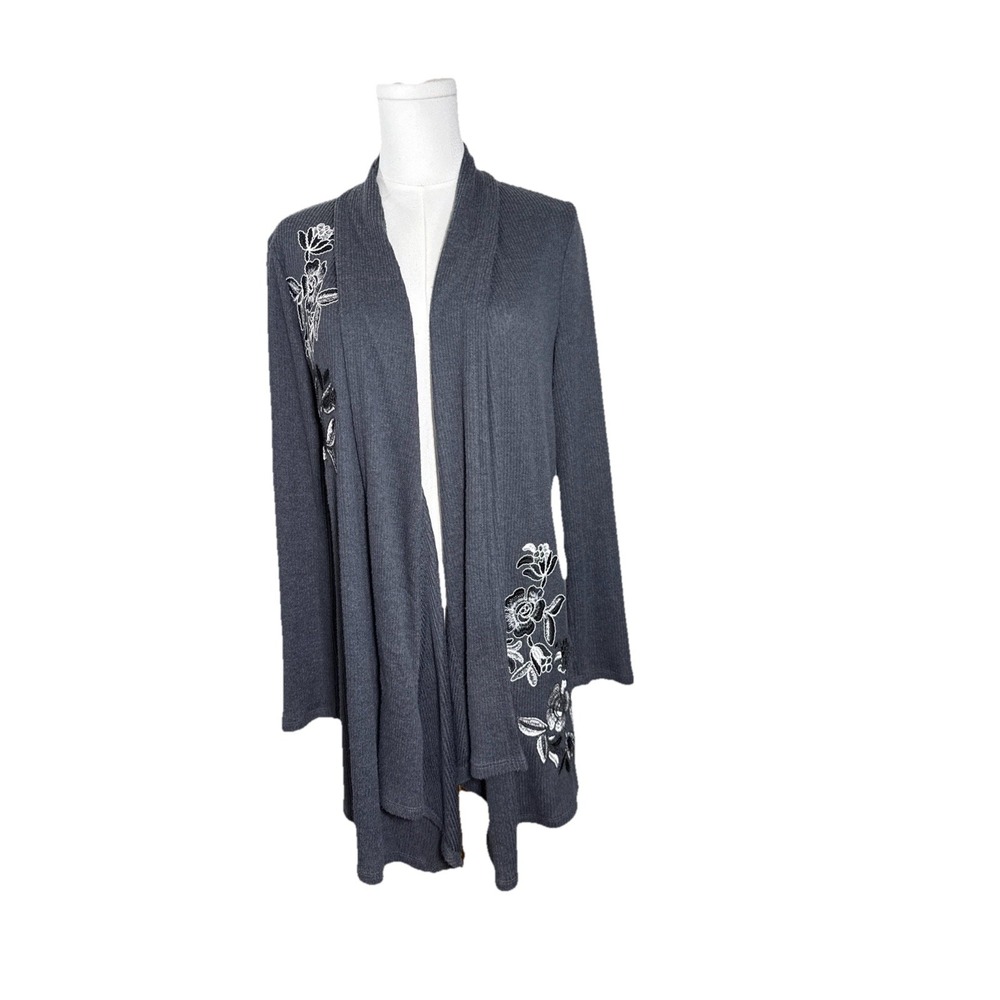 INC International Concepts Open Front Cardigan Gray embroidered womens size Med